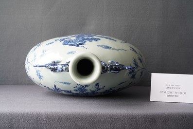 A large Chinese blue and white moonflask 'deer' vase, Qianlong mark and of the period
