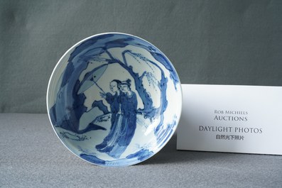 A Chinese blue and white 'Xi Xiang Ji' shallow bowl depicting Cui Yingying and her mother, Kangxi