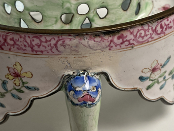 A Chinese Canton enamel teapot on warming stand, Qianlong