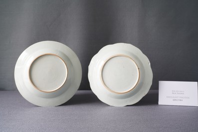 A Chinese famille rose 'pseudo tobacco leaf' plate and a blue and white 'rabbits' plate, Qianlong