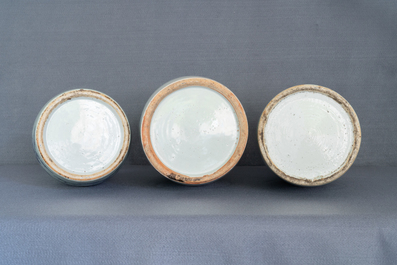 Three Chinese blue and white and celadon-ground 'Buddhist lion' vases, 19th C.