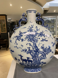 A large Chinese blue and white moonflask 'deer' vase, Qianlong mark and of the period