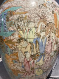 A fine Chinese turquoise-ground famille rose 'Shou' vase with immortals, Qianlong