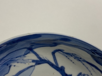 A Chinese blue and white 'Xi Xiang Ji' shallow bowl depicting Cui Yingying and her mother, Kangxi