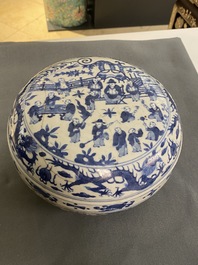 A Chinese blue and white 'hundred boys' box and cover, Wanli mark and of the period
