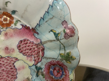 A fluted Chinese famille rose tureen stand with pomegranates on tobacco leaves, Qianlong