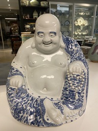 A large Chinese blue and white figure of Buddha, Fujian Huiguang mark, Republic