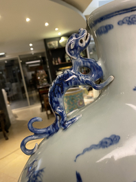 A large Chinese blue and white moonflask 'deer' vase, Qianlong mark and of the period