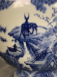 A large Chinese blue and white moonflask 'deer' vase, Qianlong mark and of the period