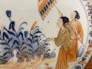 A pair of Chinese Imari-style 'Dames au Parasol' plates after Cornelis Pronk, Qianlong