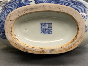 A large Chinese blue and white moonflask 'deer' vase, Qianlong mark and of the period