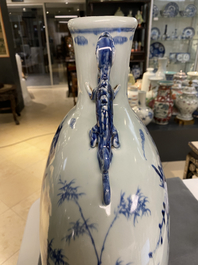 A large Chinese blue and white moonflask 'deer' vase, Qianlong mark and of the period