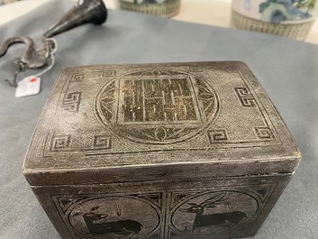 A Chinese enamelled silver figure, a silver vase, a silver-inlaid bronze censer and a silver-plated bronze box, 19/20th C.