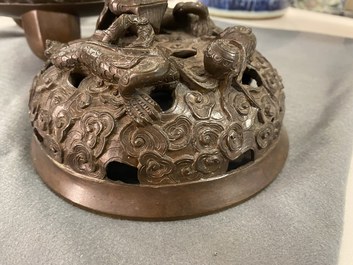 A large Chinese dragon-handled bronze tripod censer and cover, Xuande mark, 18/19th C.