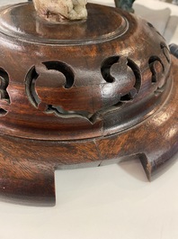 A large Chinese fahua censer with quartz-topped wooden cover and stand, Ming