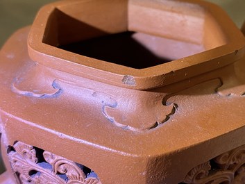 A Chinese reticulated double-walled Yixing stoneware teapot and cover, Kangxi