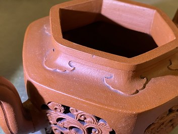 A Chinese reticulated double-walled Yixing stoneware teapot and cover, Kangxi