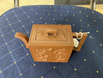 A Chinese rectangular Yixing stoneware 'dragon' teapot, seal mark, Kangxi