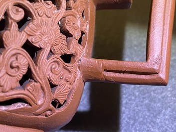 A Chinese reticulated double-walled Yixing stoneware teapot and cover, Kangxi