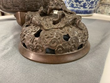 A large Chinese dragon-handled bronze tripod censer and cover, Xuande mark, 18/19th C.