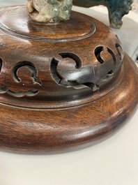 A large Chinese fahua censer with quartz-topped wooden cover and stand, Ming