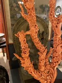 A large Chinese carved red coral group with birds on floral branches, 19/20th C.