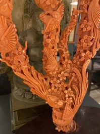 A large Chinese carved red coral group with birds on floral branches, 19/20th C.