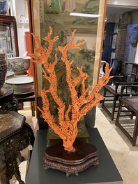 A large Chinese carved red coral group with birds on floral branches, 19/20th C.