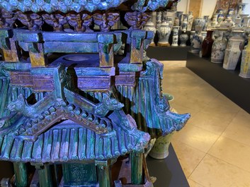 An exceptional large inscribed Chinese sancai-glazed pagoda, dated 1550, Ming