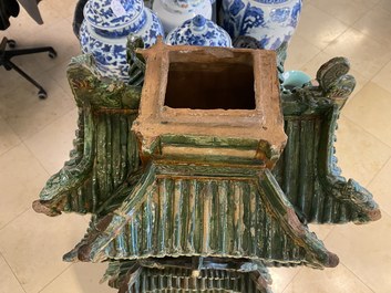 An exceptional large inscribed Chinese sancai-glazed pagoda, dated 1550, Ming