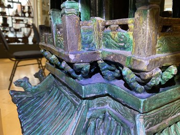 An exceptional large inscribed Chinese sancai-glazed pagoda, dated 1550, Ming