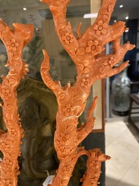 A large Chinese carved red coral group with birds on floral branches, 19/20th C.