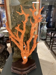 Un grand groupe figurant des oiseaux sur branches fleuries en corail rouge sculpt&eacute;, Chine, 19/20&egrave;me