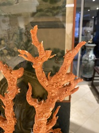 A large Chinese carved red coral group with birds on floral branches, 19/20th C.