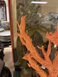 A large Chinese carved red coral group with birds on floral branches, 19/20th C.