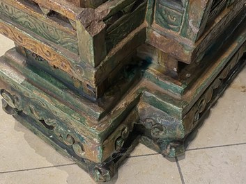 An exceptional large inscribed Chinese sancai-glazed pagoda, dated 1550, Ming