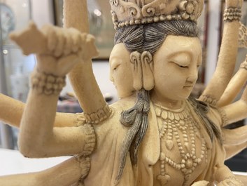 A fine and large Chinese carved ivory figure of Avalokitesvara, 19th C.