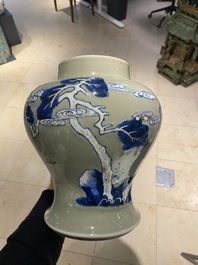 Un vase en porcelaine de Chine en bleu, blanc et rouge de cuivre &agrave; fond c&eacute;ladon, Kangxi