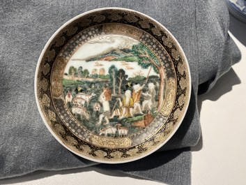 A Chinese famille rose 'harvesting' cup and saucer, Yongzheng