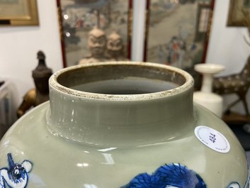 Un vase en porcelaine de Chine en bleu, blanc et rouge de cuivre &agrave; fond c&eacute;ladon, Kangxi