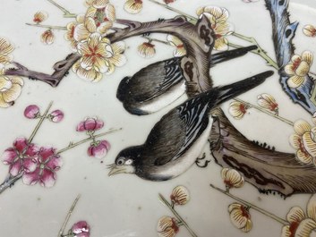 A large Chinese famille rose 'prunus and magpie' dish, Qianlong mark, 19th C.