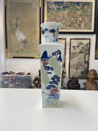 A Chinese blue and white, celadon and copper-red tapering square vase with landscape panels, Kangxi