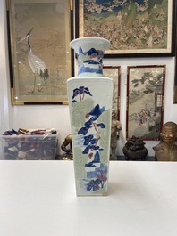 A Chinese blue and white, celadon and copper-red tapering square vase with landscape panels, Kangxi