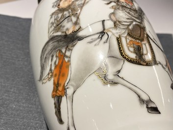 A Chinese eggshell porcelain vase with warriors flanking a horserider, Qianlong mark, Republic