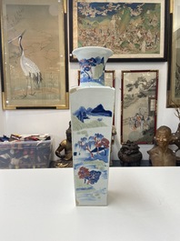 A Chinese blue and white, celadon and copper-red tapering square vase with landscape panels, Kangxi