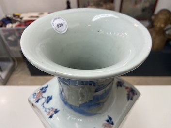 A Chinese blue and white, celadon and copper-red tapering square vase with landscape panels, Kangxi