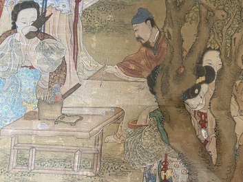 Chinese school, after Zhao Danian, ink and color on silk: 'Painter at work', 17/18th C.