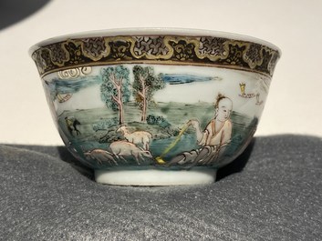 A Chinese famille rose 'harvesting' cup and saucer, Yongzheng