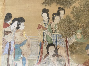 Chinese school, after Zhao Danian, ink and color on silk: 'Painter at work', 17/18th C.
