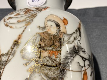 A Chinese eggshell porcelain vase with warriors flanking a horserider, Qianlong mark, Republic